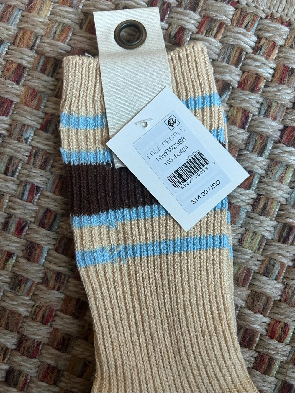 Free People Cream Crew Socks with Blue and Brown Stripe Accents